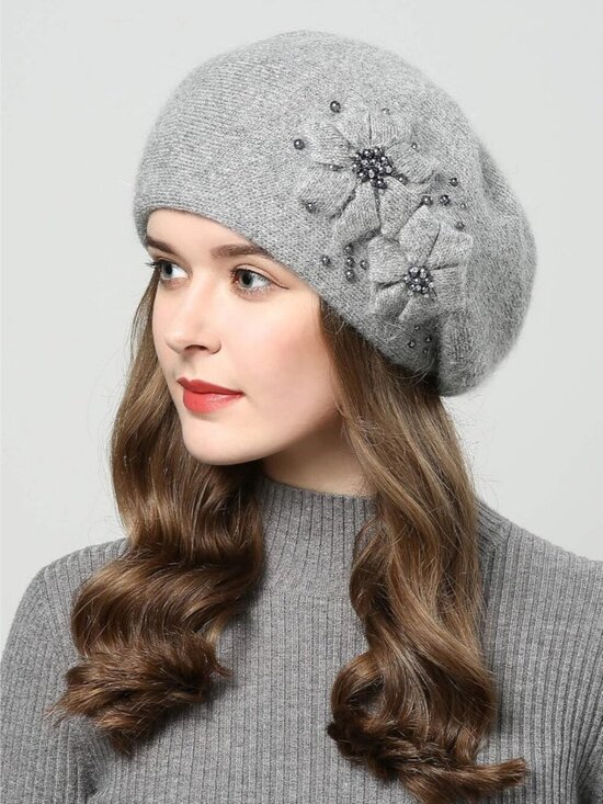 Women\'s Winter Knit Beret Hat Rabbit Hair French Warm Casual Beanie Hat Grey main image 6